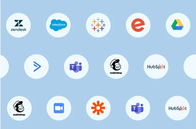 Different logos of various SurveyMonkey integrations, including Mailchimp, Hubspot, Zoom, Microsoft Teams, Zendesk, Salesforce