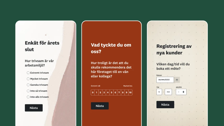 Skärmbilder av tre olika enkäter på mobila enheter