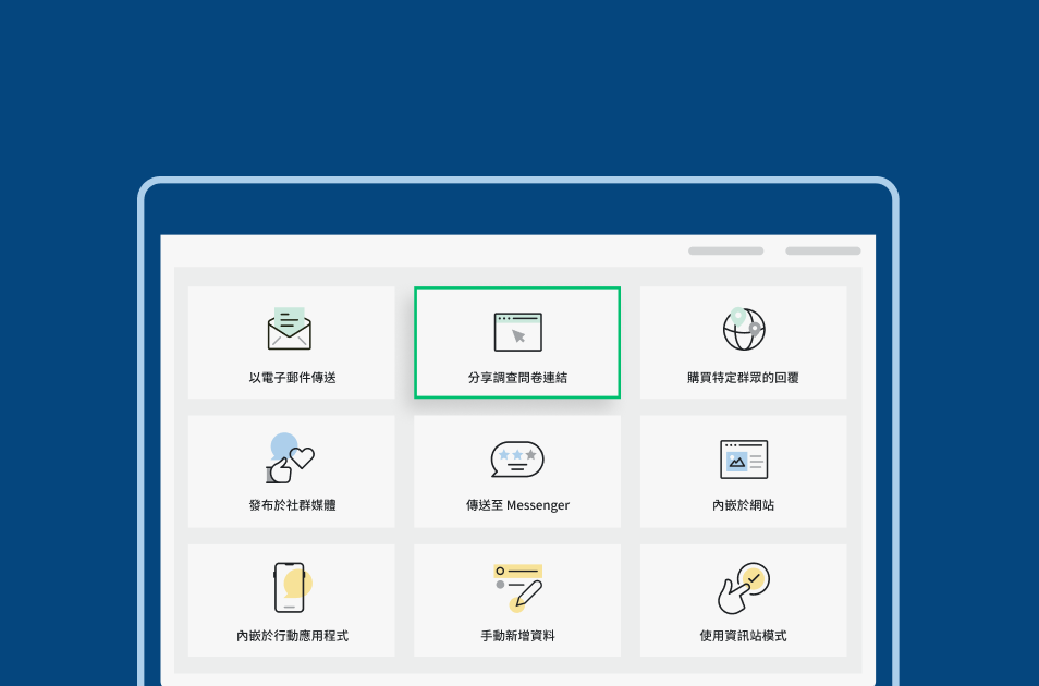 SurveyMonkey 頁面的螢幕擷取畫面，顯示用於分享調查問卷的不同選項