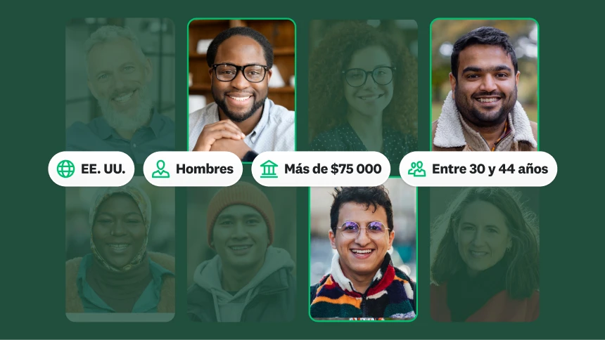 Fotos de diferentes personas, junto a un cuadro que dice 800 respuestas de hombres en EE. UU. con ingresos superiores a 75 000 dólares y edades entre 30 y 44 años.