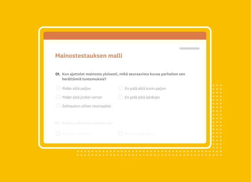 Kuvakaappaus SurveyMonkeyn mainostestauksen kyselytutkimusmallista