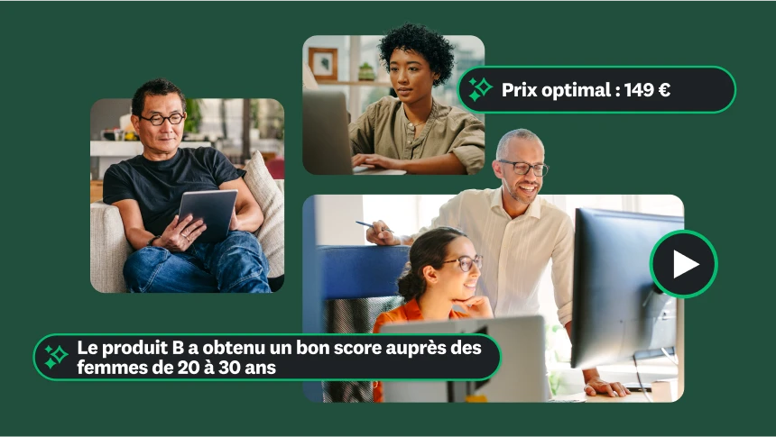 Photos de plusieurs personnes travaillant sur des ordinateurs portables et des tablettes, avec des données indiquant que le prix optimal est de 149 € et que le produit B a obtenu un bon score auprès des femmes de 20 à 30 ans